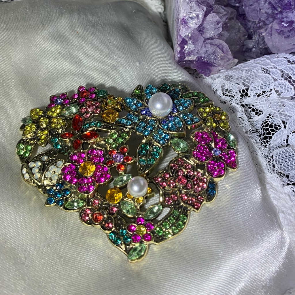 Vibrant Heart Floral Brooch With Pearls